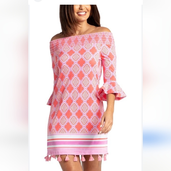 Cabana Life Dresses & Skirts - $158 Cabana Shift Pink Off-Shoulder Dress with Tassels